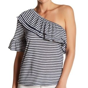 NWT Ro & De Stripe One-Shoulder Ruffle Tee